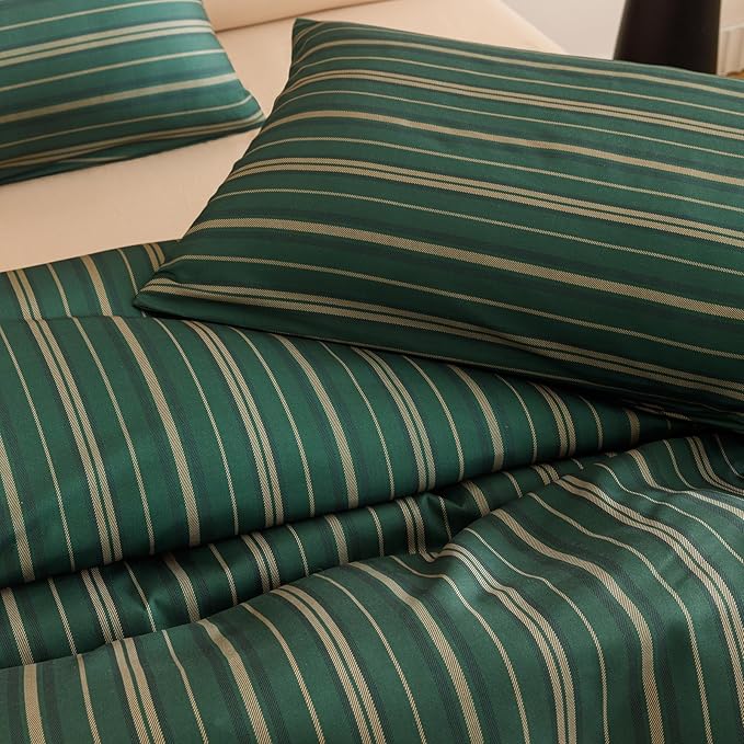CLOTHKNOW Green Striped Twin/Twin XL Comforter Set 3Pcs Green Khaki Black Bedding Comforter Sets Ticking Farmhouse Comforter with 2 x Pillow Cases