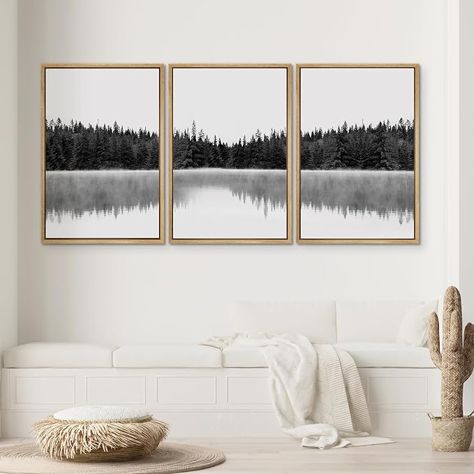 SIGNWIN 3 Piece Framed Canvas Wall Art Woodland Nursery Decor Black and White Forest with Lake Nature Abstract Traditional Home Artwork Decoration for Living Room,Bedroom - 24"x36"x3 Natural