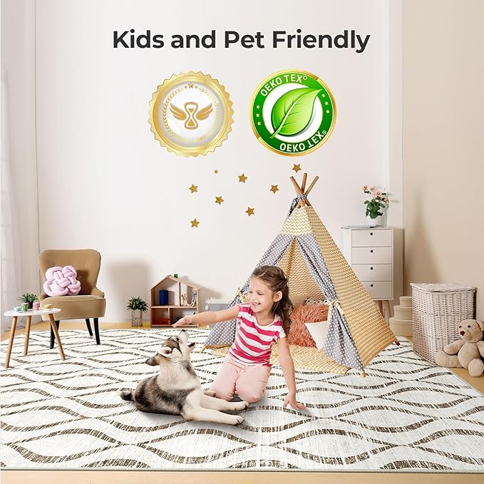 WITSHOCK 8x10 Area Rugs for Bedroom: Washable Non-Slip Soft Geometric Boho Low Pile Large Thin Indoor Rug for Living Room Dining Room, Carpet for Nursery Playroom Decor, Kid & Pet Friendly, Brown