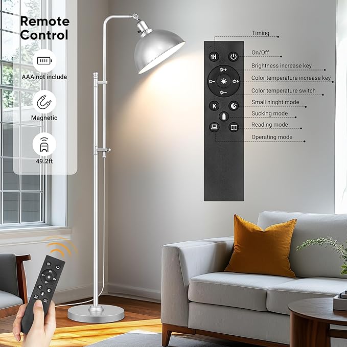 PARTPHONER Industrial Floor Lamp Adjustable, Farmhouse Reading Lamp in Silver Finish Modern Standing Lamp with Remote Control Metal Shade for Living Room Bedroom Study Room Office Hotel