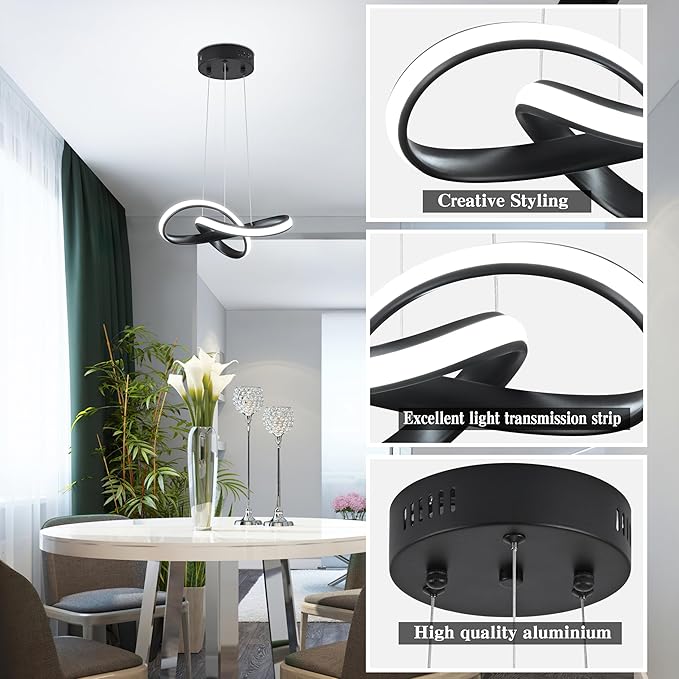 LED Chandelier Modern Pendant Light Fixture Simple Irregular Streamline Ring Light Black with 4500K and 59in Height Adjustable Hanging Lamp for Kitchen Island Hallway Foyer Closet Corridor