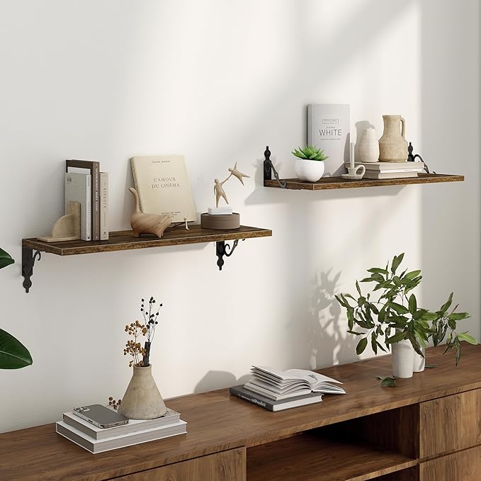 Floating Shelves for Wall, 24"W x 8"D Wall Shelves, 8 Inch Deep Floating Shelf with Bracket, 24 Inch Floating Shelves for Living Room and Bathroom, Display & Storage Shelves, Rustic Brown, Set of 2