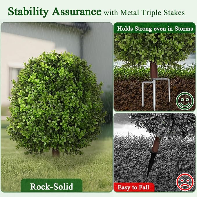 Artificial Boxwood Topiary Trees for Outdoors, 2 Pack Faux Topiary Ball Tree UV Resistant Fake Shrubs Evergreen Bush Plants for Front Porch Garden Yard Balcony Wedding Decor, 2 Led String Light