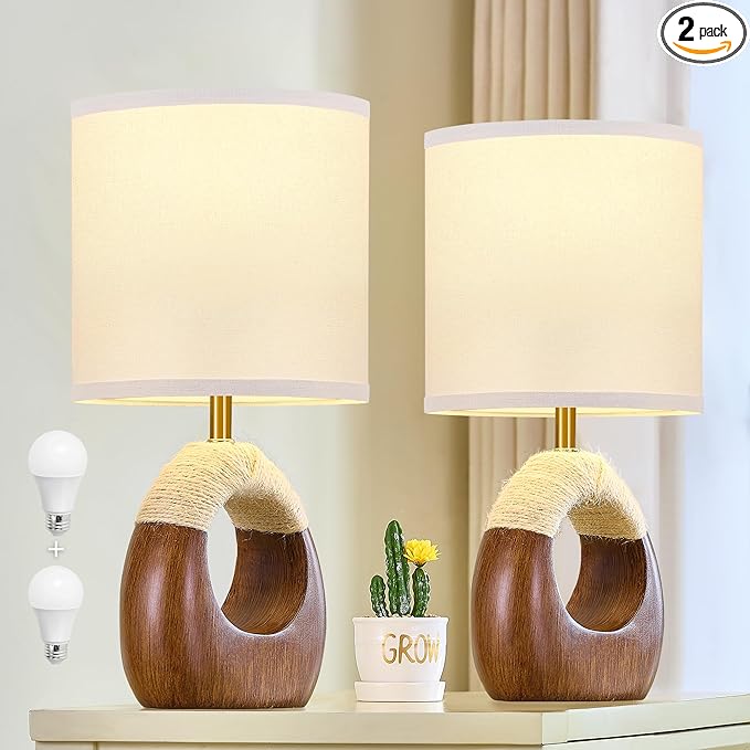 Table Lamp for Bedroom Set of 2 - Bedside Table Lamps with 3 Color Temperatures - Boho Rattan Lamps for Night Stands Small Farmhouse Living Room Lamp for Reading Sleeping Bulbs Included
