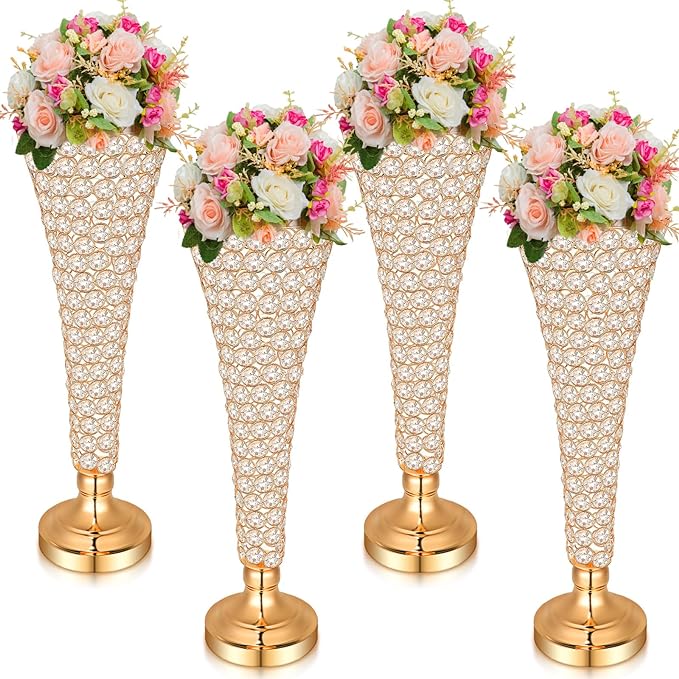 Rtteri 4 Pcs 20 Inch Tall Crystal Vase for Centerpieces Wedding Metal Crystal Trumpet Flower Vase Stand for Table Floor Wedding Party Favor Banquet Celebration, Classic Elegance(Gold)
