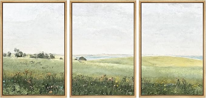 SIGNWIN Framed Canvas Print Wall Art Set Green Pasture Countryside Flower Field Nature Abstract Illustrations Modern Art Decorative Nordic Rustic for Living Room, Bedroom, Office - 24"x36"x3 Natural