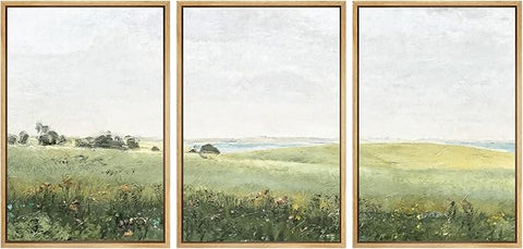 SIGNWIN Framed Canvas Print Wall Art Set Green Pasture Countryside Flower Field Nature Abstract Illustrations Modern Art Decorative Nordic Rustic for Living Room, Bedroom, Office - 24"x36"x3 Natural