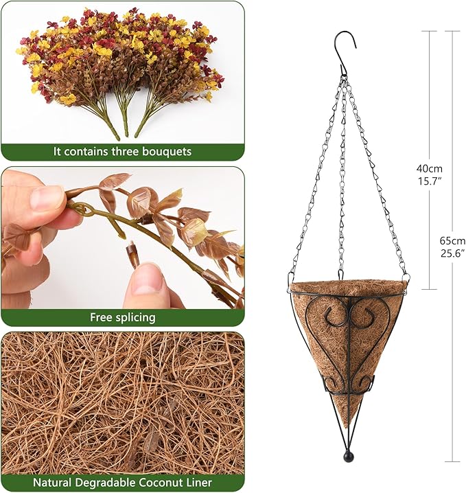 Artificial Faux Fall Hanging Flowers Plants Basket for Outdoor Decoration,Fake Silk Orange Mums planters UV Resistant Look Real for Home Porch Patio Yard Outside Autumn Decor (Brown)