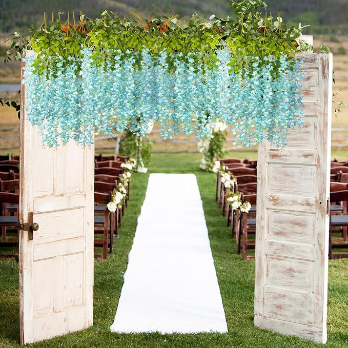 24 Pack Artificial Fake Wisteria Vine Ratta (3.75 Feet) Hanging Garland Silk Flowers String Home Party Wedding Decor (Sky Blue)