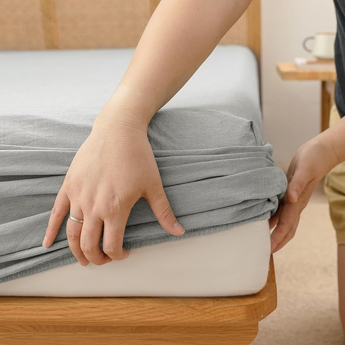 BESTOUCH Sheet Set 100% Washed Cotton Linen Feel Super Soft Comfortable Chic Lightweight 3 Pcs Home Bedding Set Solid Light Grey Twin