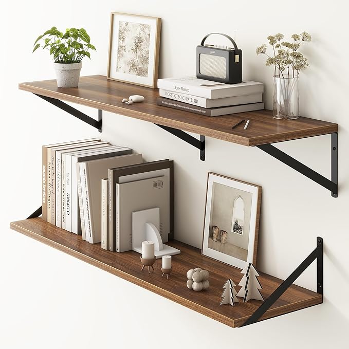 Fun Memories 40 Inch Floating Shelves, 10 Inch Deep Wall Shelf, 40 x 10 Floating Shelf Set of 2, Wood Floating Shelf Wall Mounted, Large Kitchen Living Room Bedroom Storage Shelves, Walnut