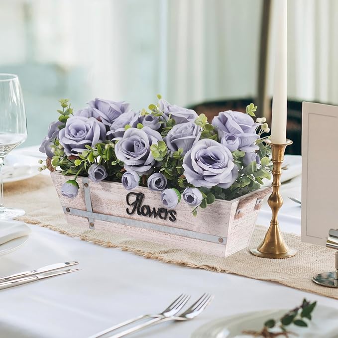 Centerpiece Table Decorations Rustic Wood Tray with 3 Artificial Dusty Blue Rose Flowers and Fake Eucalyptus for Dining Room Farmhouse Living Room Kitchen and Coffee Table Décor