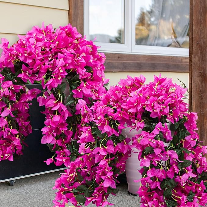 4 Pcs Artificial Faux Bougainvillea Flowers Plants Hanging Flowers Plants for Outdoor Decoration Fake Silk UV Resistant Long Trailing Vines for Front Door Porch Planter Balcony(Purple)
