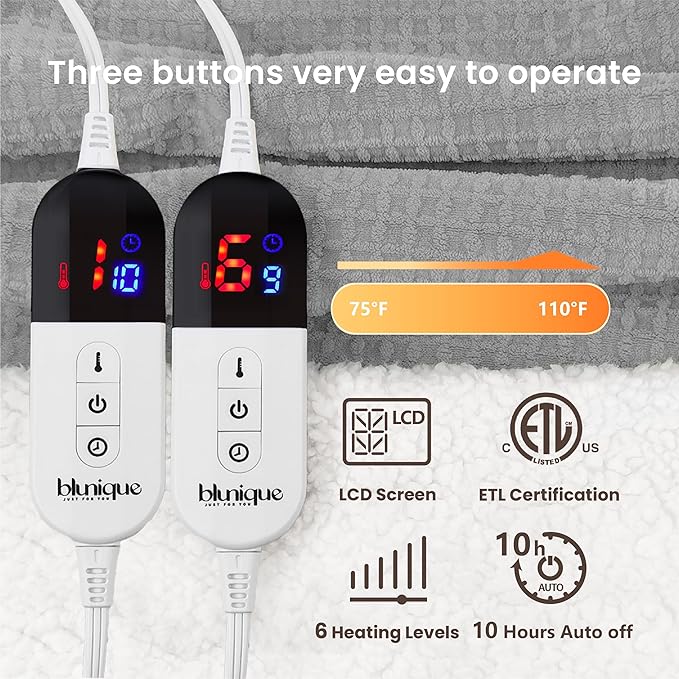 Heated Blanket Electric Blanket Queen Waffle,84x90 Inches Sherpa Fleece Fast Heating Blanket 6 Heating Levels & 10 Hours Auto Off ETL Certification,Light Grey Queen