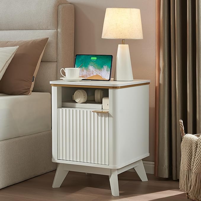 QUW Fluted Nightstand with Charging Station, Bedside Table with Open Storage and Cabinet, 18" Modern Side Table, End Table for Bedroom, Living Room, White