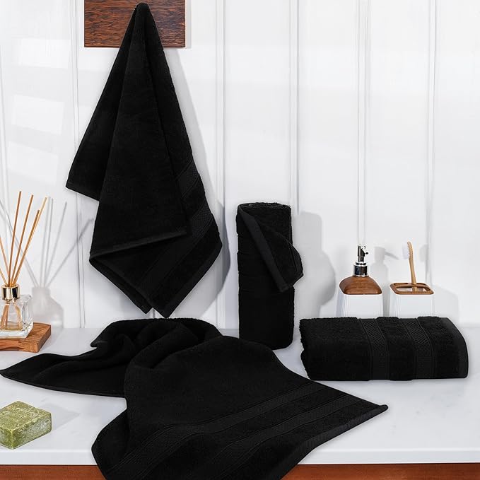 American Soft Linen Salem 100% Cotton Turkish 4 Piece Hand Towels for Bathroom, 600 GSM Soft Absorbent Quickdry Hand Face Towel Set, Black