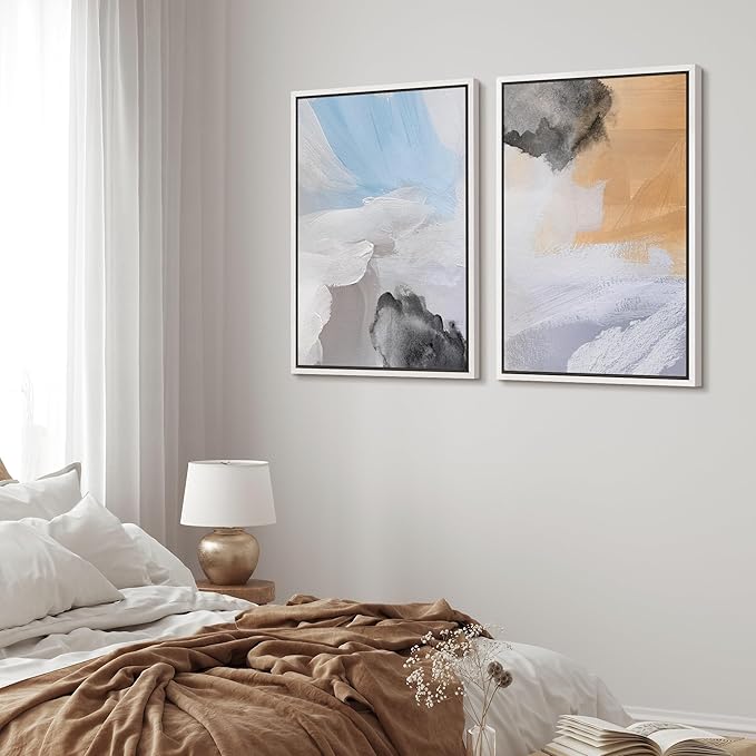 MUDECOR Framed Canvas Print Wall Art Abstract Blue Skies and Earth Tones Illustrations Modern Art Decorative Bohemian Colorful Chic for Living Room, Bedroom, Office - 16"x24"x2 WHITE