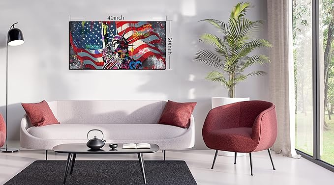 JKWALL77 American Flag Wall-Decor - Banksy Graffiti Canvas Wall Art - Office Pictures For Wall Ready To Hang Size 40" x 20"
