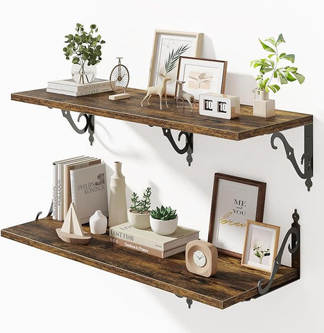 Deep Floating Shelves for Wall, 32"W x 8"D Wall Shelves, 12 Inch Deep Floating Shelf with Bracket, 32 Inch Floating shelves Set of 2, Rustic Shelves for Living Room, Bathroom and Kitchen, Rustic Brown
