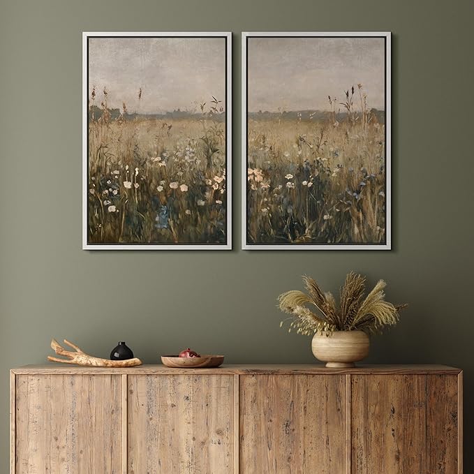 MUDECOR Framed Canvas Print Wall Art Set Golden Meadow Wildflowers Rustic Floral Field Landscape Illustrations Modern Art Decorative Bohemian Zen for Living Room, Bedroom, Office - 16"x24"x2 White