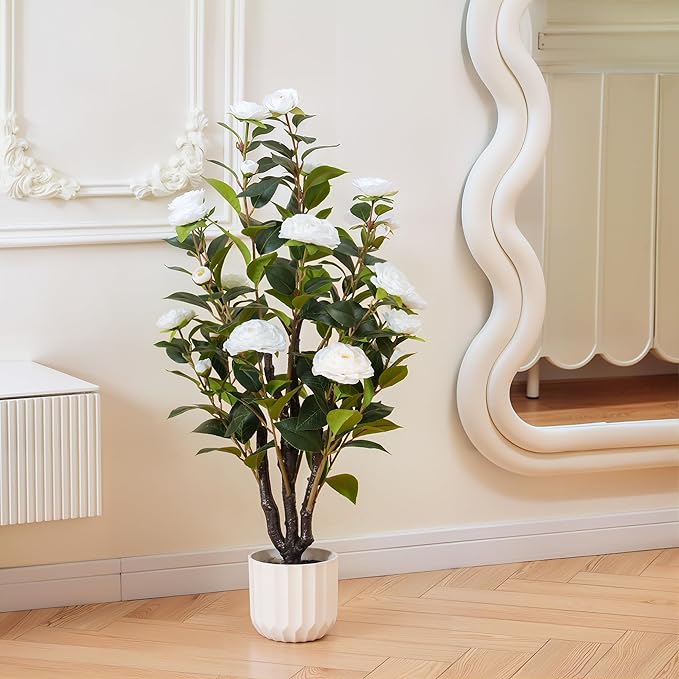 3.2FT Artificial Camellia Tree, White Silk Flowers, Indoor Faux Plants with Realistic Trunk in White Cement Pot for Home House Living Room Bedroom Office Decor, 1pc