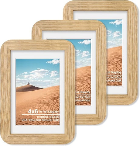 4x6 Round Corner Picture Frame, Solid Oak Wood Photo Frame With Mat For 3.5x5, Shatterproof Plexiglass Includes Hanging Hardware For Wall Hanging Or Tabletop Display Frame, Natural Oak, 3 Pack