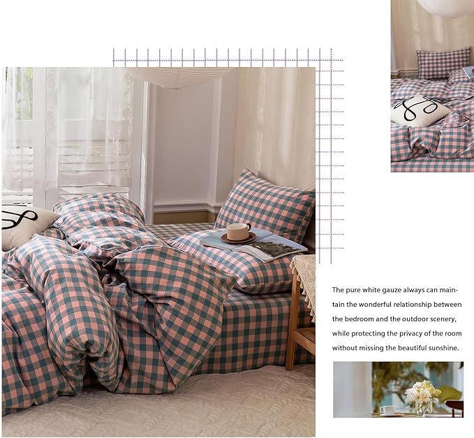VM VOUGEMARKET 3 Pieces Grid Duvet Cover Set Washed Cotton Pink Purple Blue Plaid Checker Printed Comforter Cover with Zipper Soft Lightweight & Breathable Quilt Cover Set King