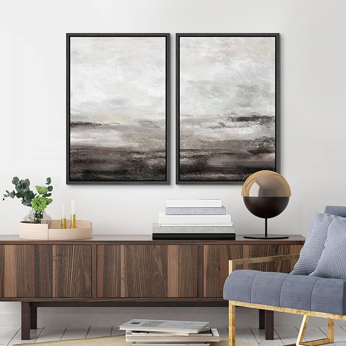 MUDECOR Framed Wall Art Print Set Brown and Gray Grunge Paint Stroke Landscape Abstract Shapes Illustrations Modern Minimalist Chic Relax/Calm for Living Room, Bedroom, Office - 16"x24"x2 Black