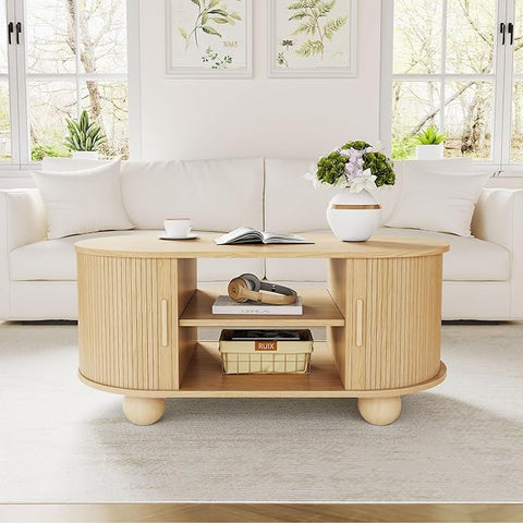 Rectangle Coffee Table, Fluted Coffee Tables for Living Room, Mid-Century Coffee Table Center Table with Storage & Sliding Doors for Apartment, Home Office (Natural)