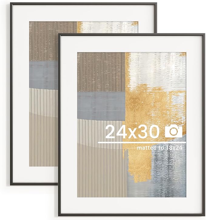 24x30 inch Metal Poster Frame - 24 x 30 Thin Aluminum Picture Frames Matted for 18x24 Photos, Artworks, Prints, Puzzle - High Definition Plexiglass - Vertical and Horizontal Display - Wall Hook Hanging Hardware Included - Black, 2 Pack