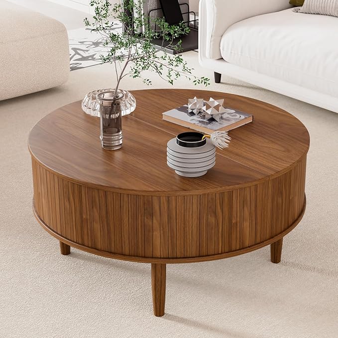 Round Fluted Lift Top Coffee Table with Storage, Mid Century Modern Coffee Table for Living Room, Home Small Space,31.5" Fluted Center Table (Walnut, 31.5inch)