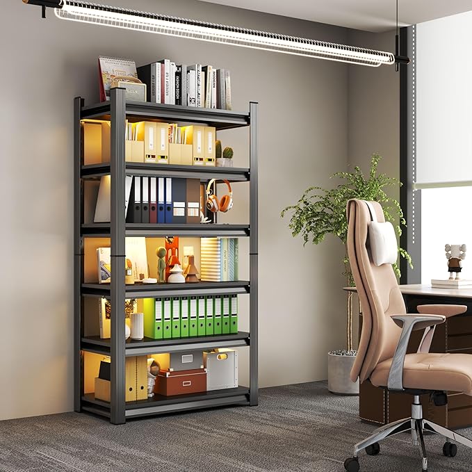 Tall Bookshelf with Open Shelves, Metal Office Book Shelf, Adjustable Organizer Bookcase, Standing Storage Organizer Shelf for Living Room (40" W*18" D*77.5" H)