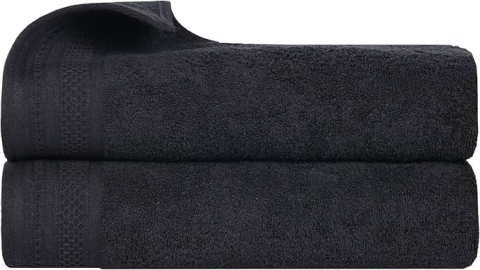 Superior Honeycomb Cotton Medium Weight Towels, for Bathroom, Shower, Spa, Pool, Quick Dry, Adults, Home Essentials, Textured Waffle Border, Oversized Large Towels, Bath Sheets, Set of 2, Black