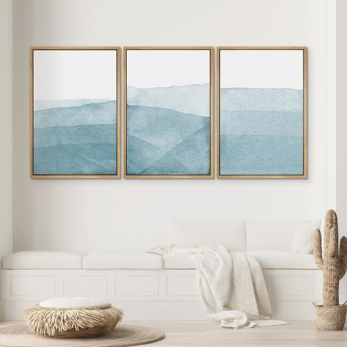 SIGNWIN 3 Piece Framed Canvas Wall Art Blue Wash Brushstroke Watercolor Nature Wilderness Illustrations Abstract Traditional Home Artwork Decoration for Living Room,Bedroom - 16"x24"x3 Natural