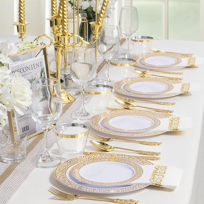 Festiva 350PCS Gold Plastic Dinnerware Set - Disposable Lace Gold Plates and Napkins Party Supplies - include plates,napkins,cups,silverware - Serve for 50 guests Party&Wedding&Easter