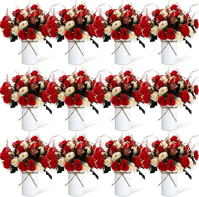 Domensi 12 Sets Wedding Centerpiece for Table Artificial Rose with Vase Fake Bouquets and Metal Pot Floral Arrangements for Holiday Party Event Table Decor (Red,Champagne)