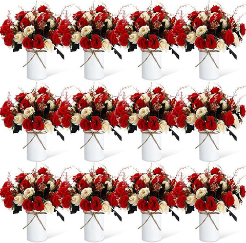 Domensi 12 Sets Wedding Centerpiece for Table Artificial Rose with Vase Fake Bouquets and Metal Pot Floral Arrangements for Holiday Party Event Table Decor (Red,Champagne)