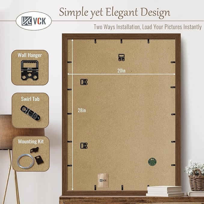 VCK 20x28 Picture Frame 5 Pack, Brown Wood Poster Frame with Exclusive Wood Grain, Wall Hanging