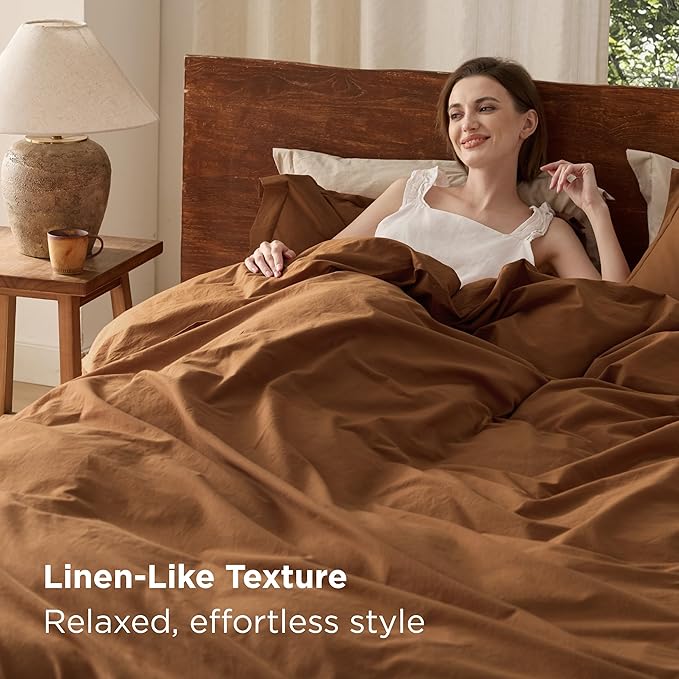 Bedsure 100% Washed Cotton Duvet Cover King Size - Brown Minimalist Cotton Duvet Cover Linen Like for All Seasons - GentleSoft™ Plain Simple Bedding, 3 Pieces (Brown, King, 104"x90")