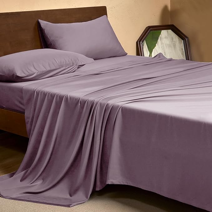 EVERLY Queen Sheets Set,Luxuriously 400 Thread Count Organic Viscose Derived from Bamboo Bed Sheet,Cooling Sheets for Queen Size 4 Piece Deep Pockets Bedding Sheets &Pillowcases-Purple