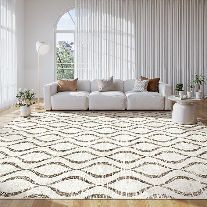WITSHOCK 9x12 Boho Brown Area Rugs: Washable Non-Slip Geometric Print Pattern Large Thin Indoor Rug for Living Room Bedroom Under Dining Table, Carpet for Nursery Playroom Decor, Kid & Pet Friendly