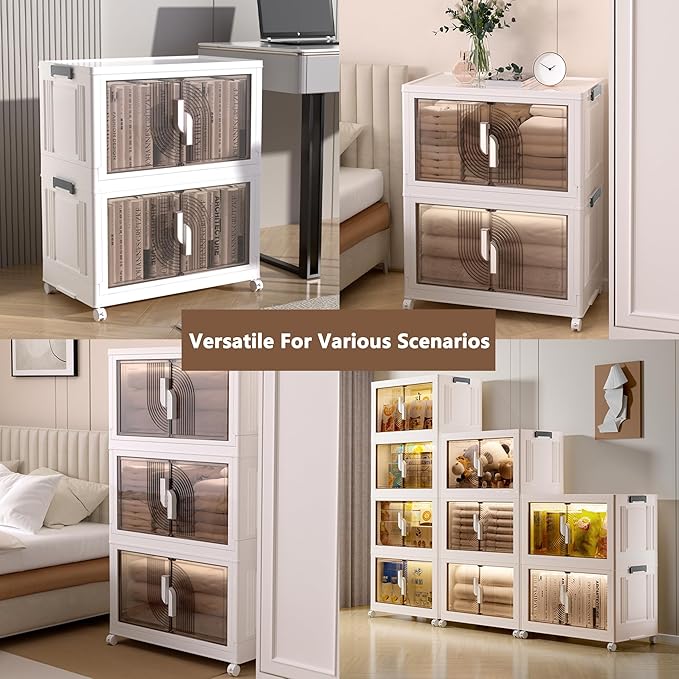 Foldable Storage Bins with Lids Stackable Storage Bins with Doors and Wheels Magnetic Dual-Opening Doors Storage Containers for Bedroom, Living Room, Closet, Laundry (White-3Pack)