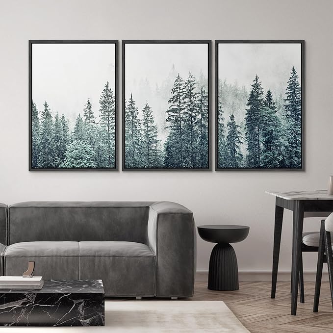 SIGNWIN Framed Canvas Print Wall Art Woodland Nursery Decor Set Film Grain Misty Mountain Pine Trees Nature Wilderness Modern Art Chic Landscape for Living Room, Bedroom, Office - 24"x36"x3 Black