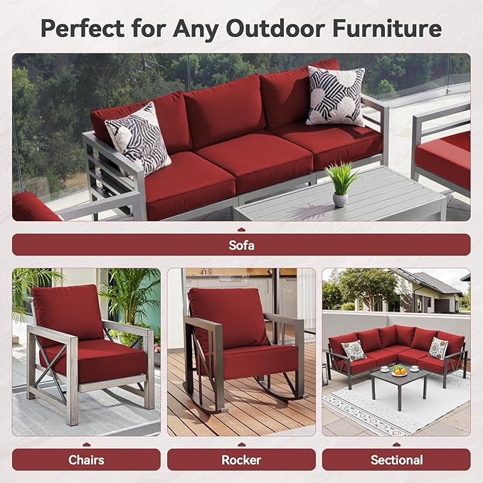 Luxury 6" Outdoor Cushions for Patio Furniture, 24x24x6 Thick Seat Cushion Set of 3, Fade Resistant Couch Chair Replacement Cushions High Density Deep Wicker Chair Cushion w/Removable Cover, Red