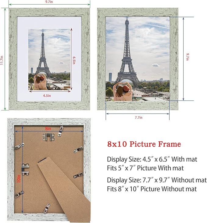8x10 Picture Frame Set of 2, Made of Real Glass and Sage Green Wooden Frame - Display Picture 5x7 with Mat or 8x10 Without Mat, 8 by 10 Photo for Wall or Tabletop