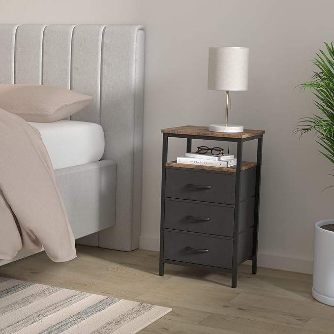 Huuger Nightstands Set of 2, 27.6 Inch End Tables with Charging Station, Fabric Drawers, Bedside Tables with USB-C Port and Outlet, Night Stands for Bedroom, Rustic Brown and Black