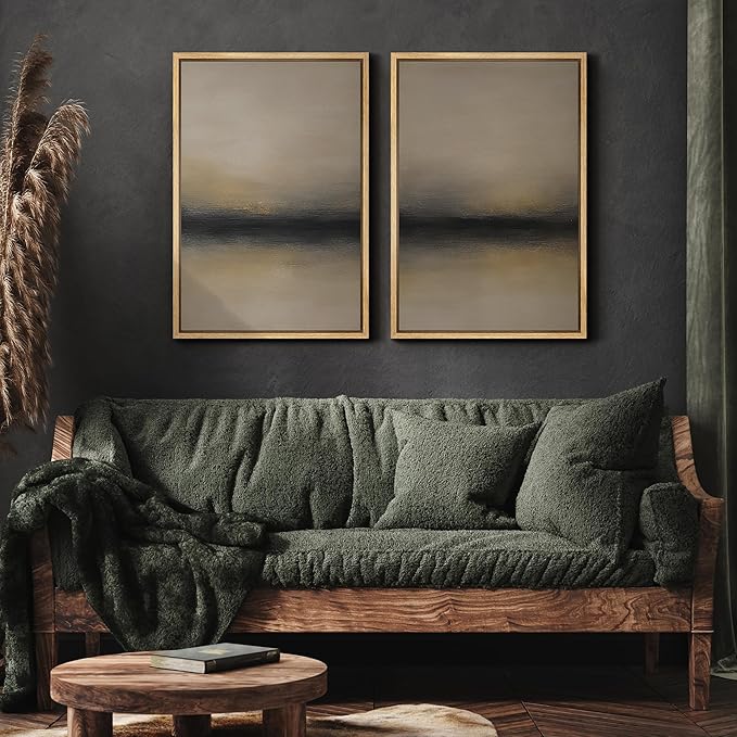 MUDECOR Framed Canvas Print Wall Art Abstract Sunset Horizon Modern Minimalist Beige and Black Illustrations Modern Art Decorative Bohemian for Living Room, Bedroom, Office - 16"x24"x2 Natural