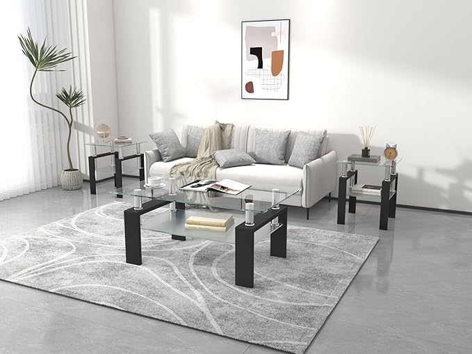 IANIYA 3 Piece Living Room Table Set, Modern Tempered Glass Coffee Table Set, Glass Coffee Table Black Metal Frame End Table for Living Room Apartment Small Space, Clear