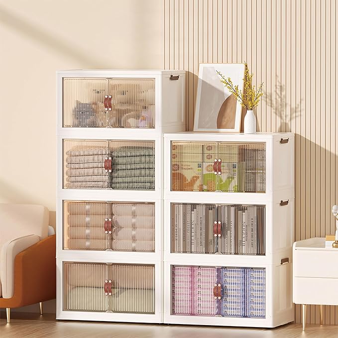 3 Tier Storage Bins with Lids, 120QT Collapsible Plastic Storage Bins, Folding Storage Boxes with Doors, Stackable Storage Organizer for Home, Office and Dorm
