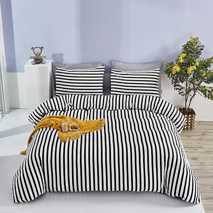 CLOTHKNOW Striped California King Comforter Sets Black White Bedding Comforter Sets All Season Farmhouse Ticking Comforter with 2 x Pillow Cases